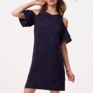 NWT Ann Taylor Loft Women Navy Blue Cold Shoulder Embroidered Shift Dress Size 6
